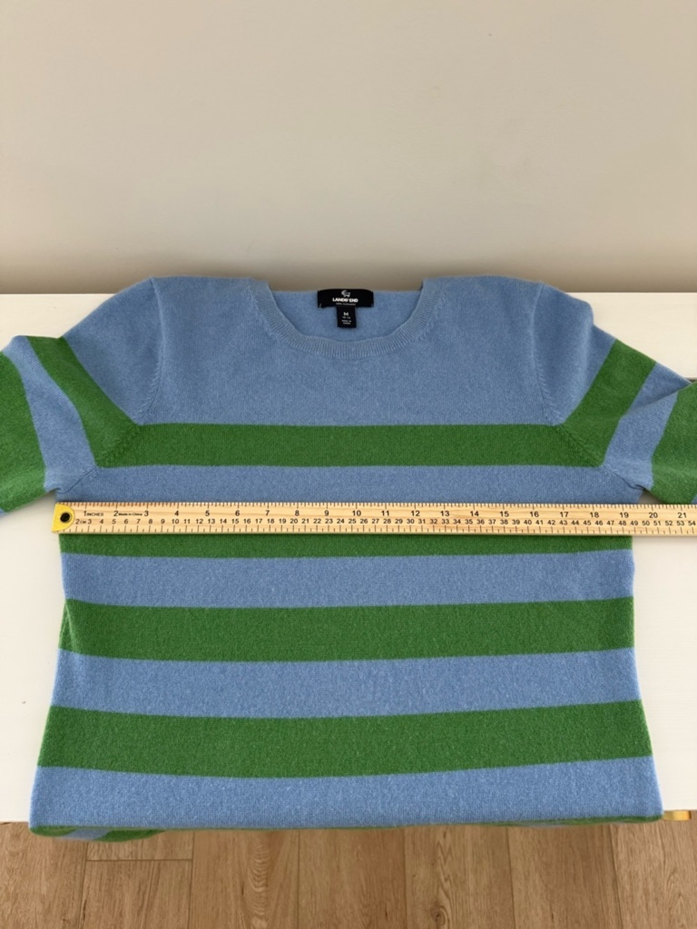 Lands’ End 100% Cashmere Striped Sweater Blue Green Crewneck Size M - Picture 3 of 8
